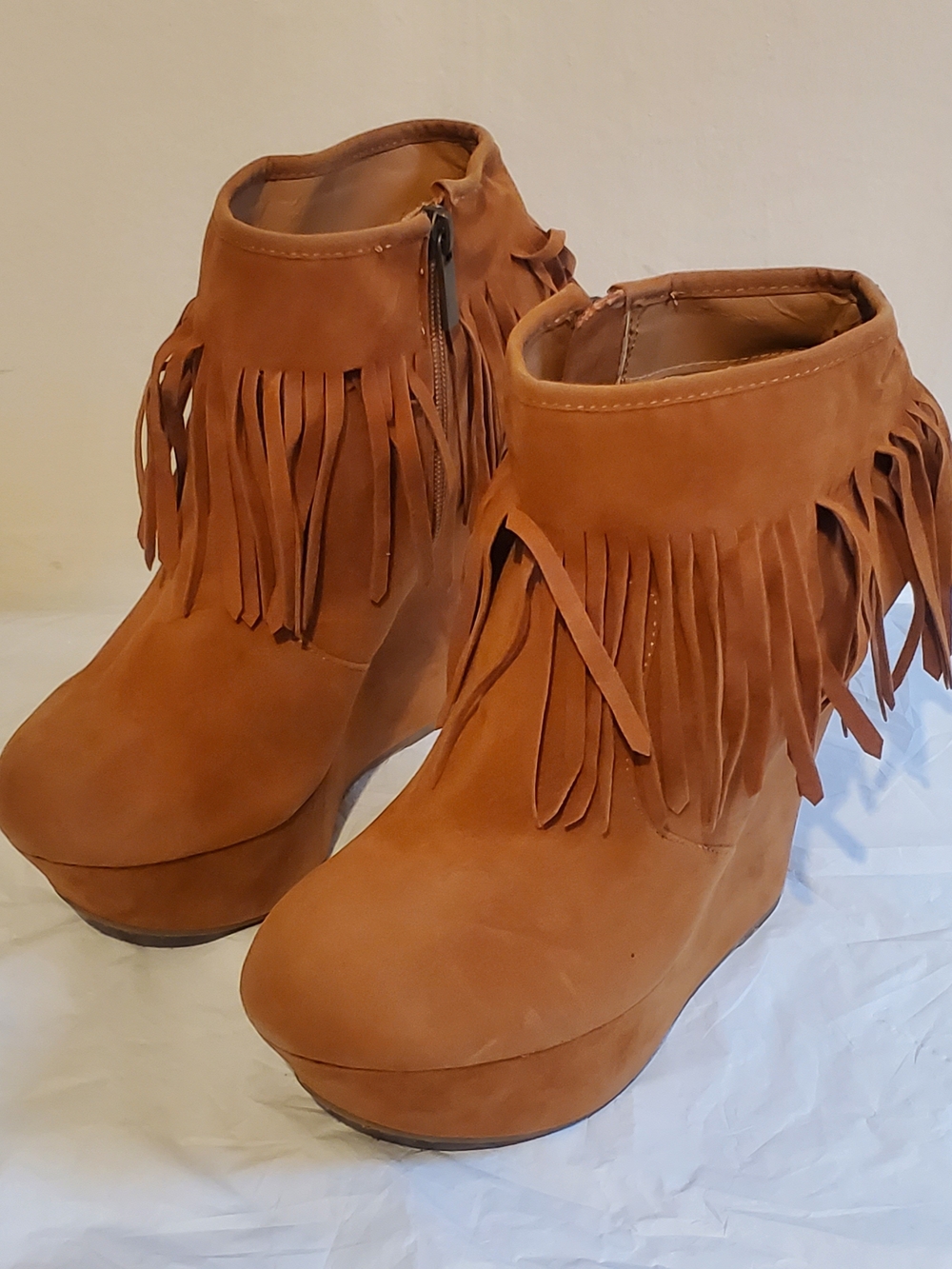 Fringe Platform Wedge Ankle Boots - Tan Size 9